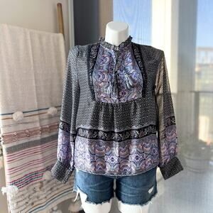 A La Plage Black White Blue Pink Printed Long Sleeves Boho Top Women’s Large